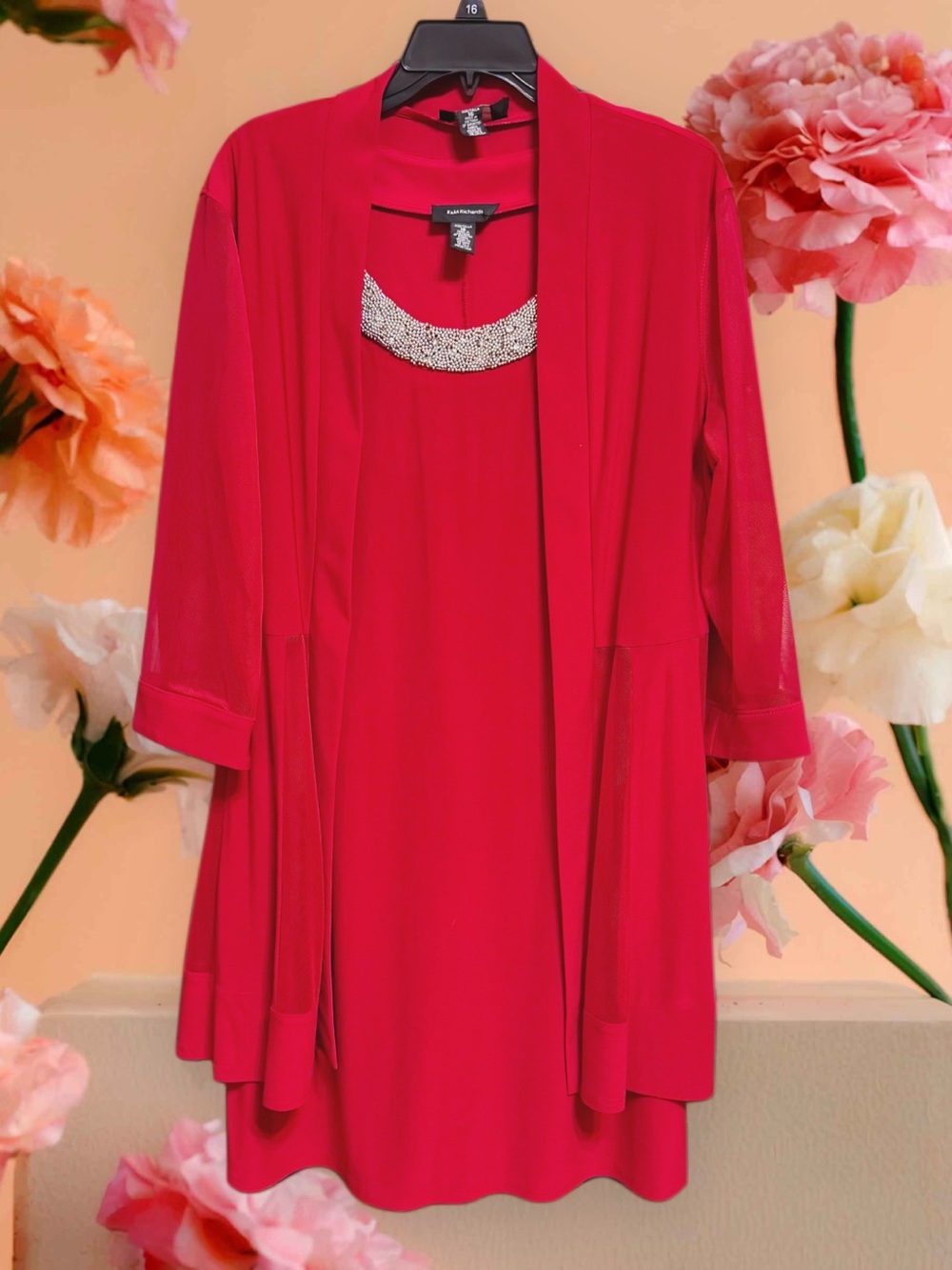 R&M NWT Richards 2 Piece Set Red Dress with Beaded Silver Accents & Jacket sz 16